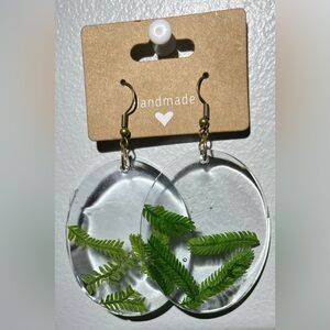 Clear Resin Earrings with Green Ferns